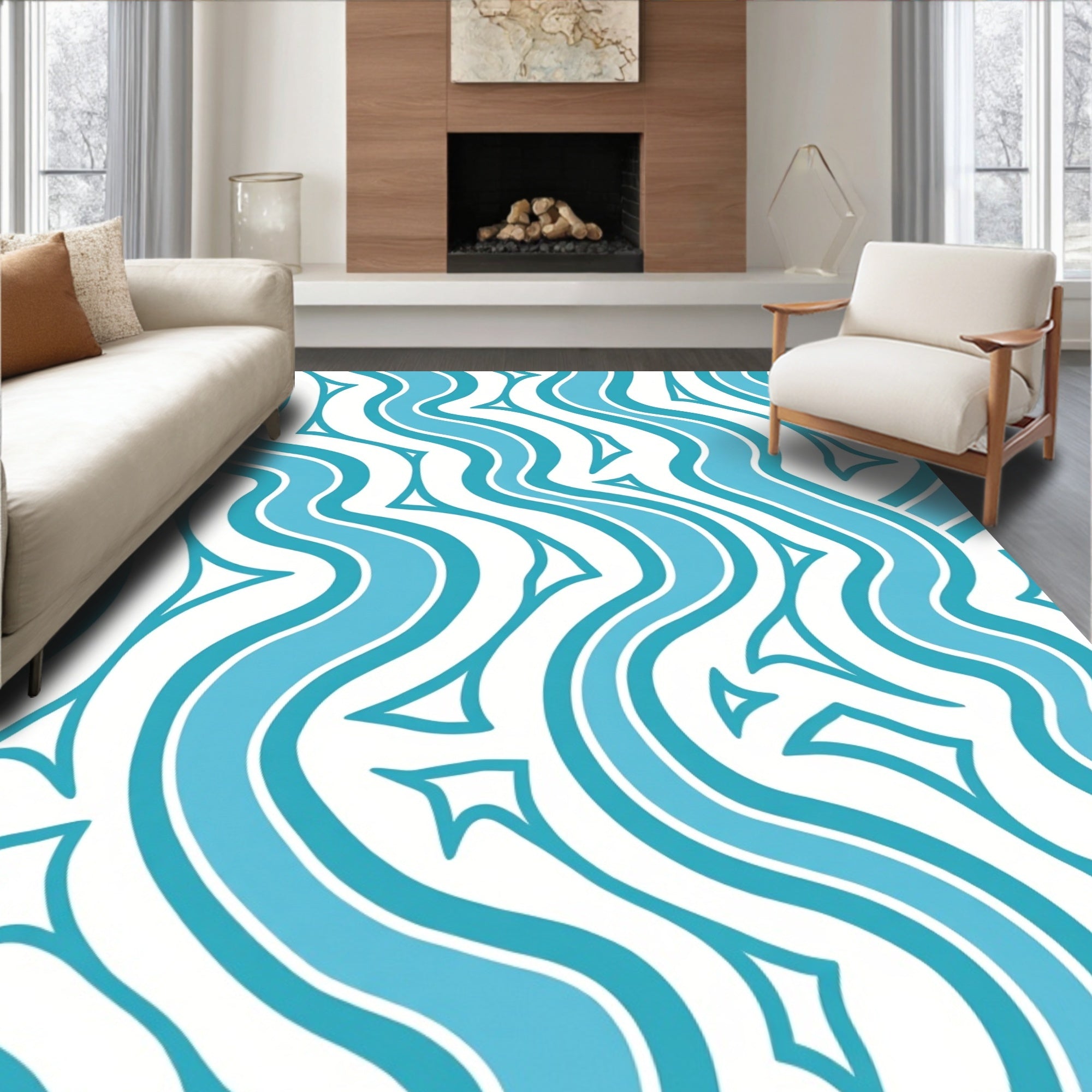 Abstract Wavy Aqua Lines Design Rug