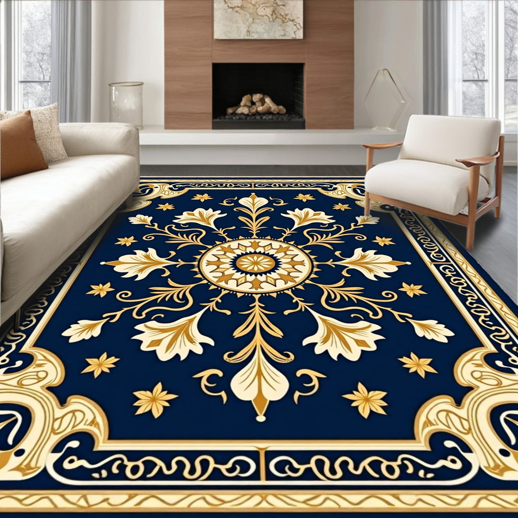 Ornate Gold Floral Patterned Rug
