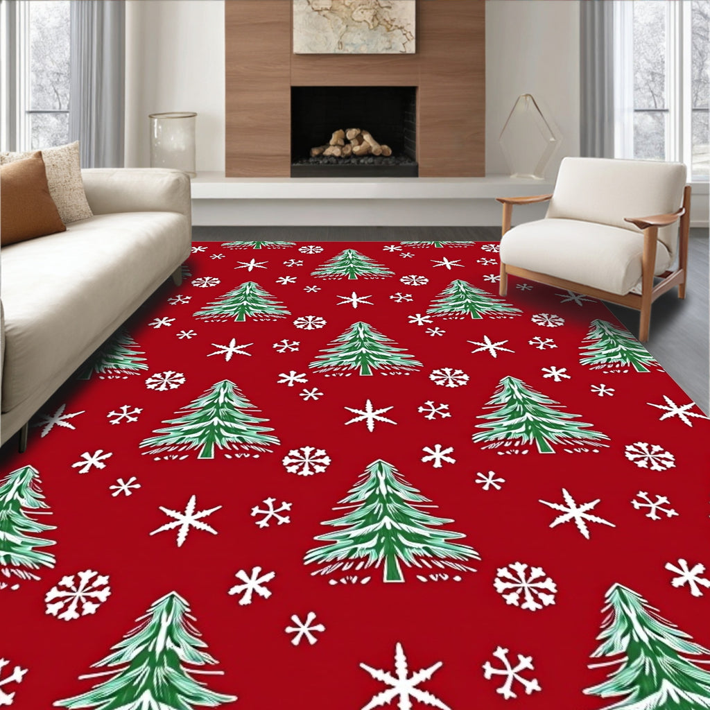 Festive Red Christmas Tree Snowfall Rug
