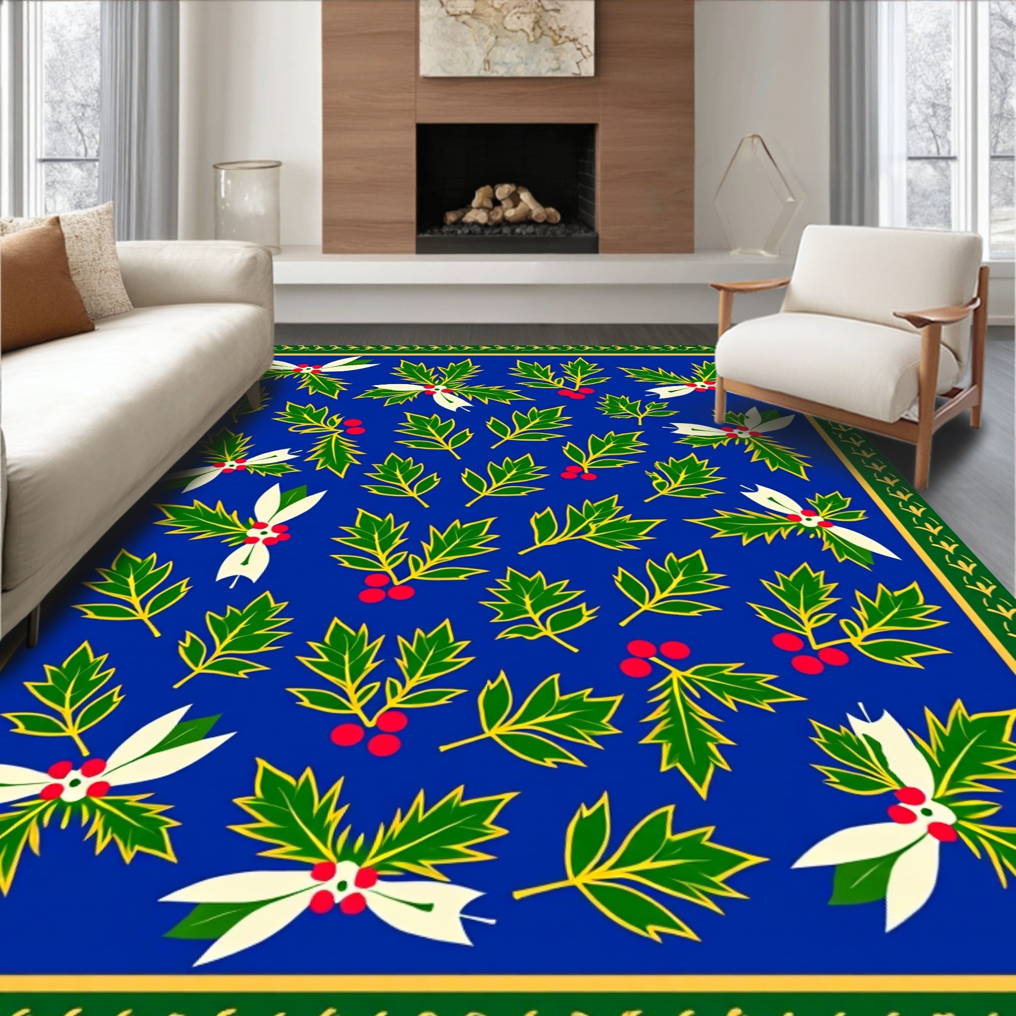Blue Holly Berry Branch Medley Swirls Rug
