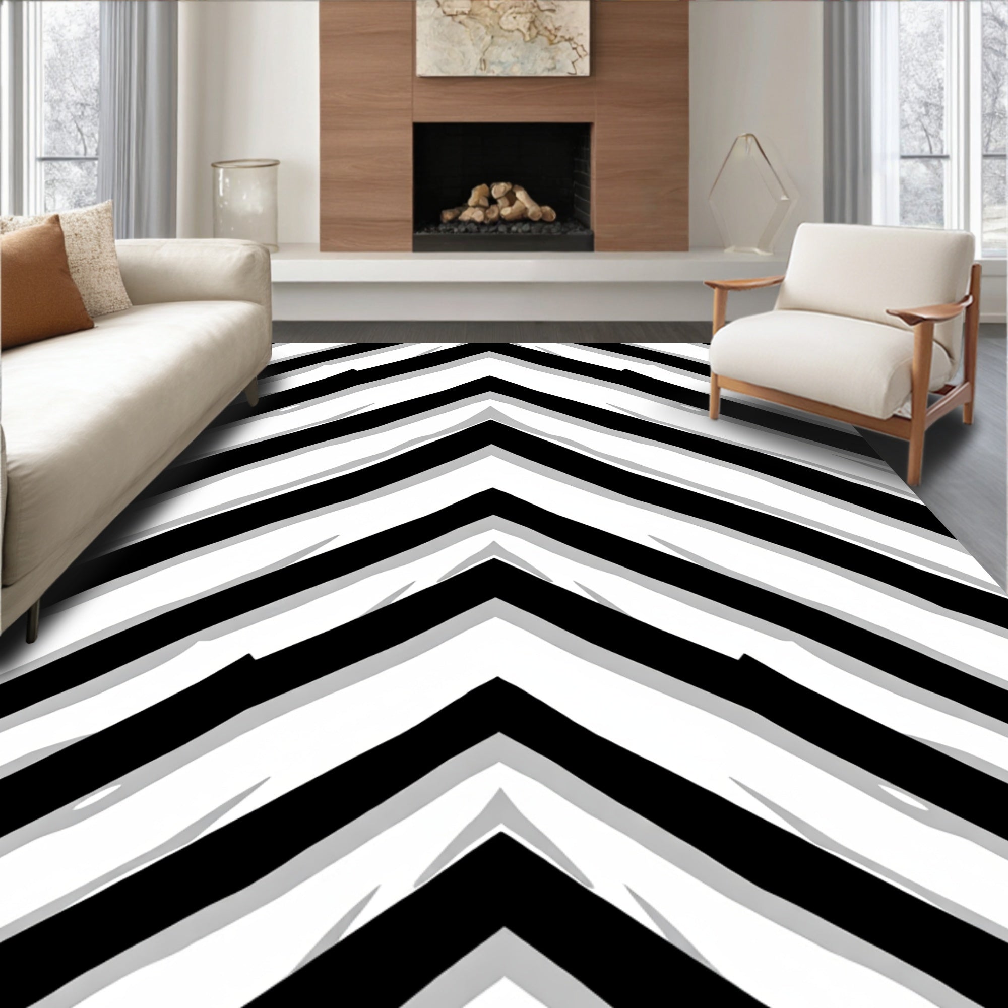 Bold Black White Chevron Design Rug