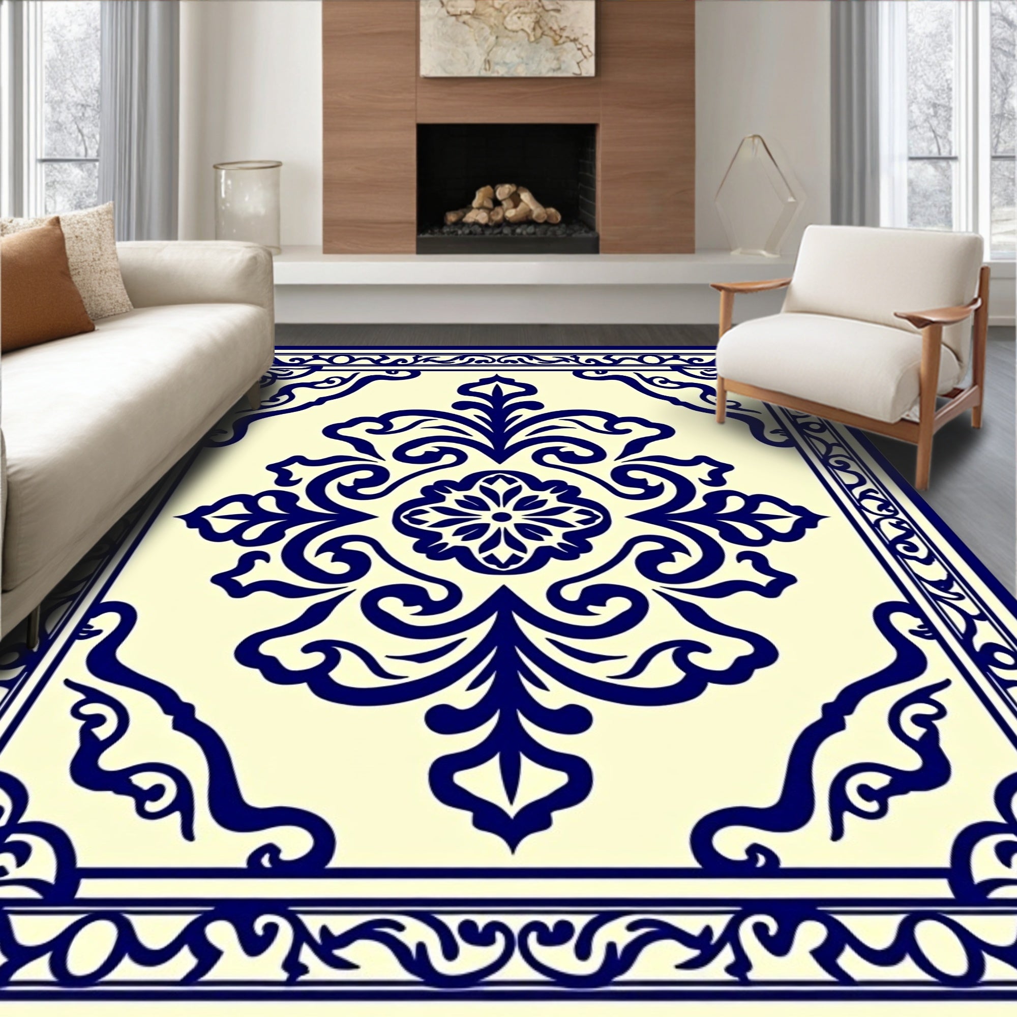 Classic Blue Floral Medallion Pattern Rug