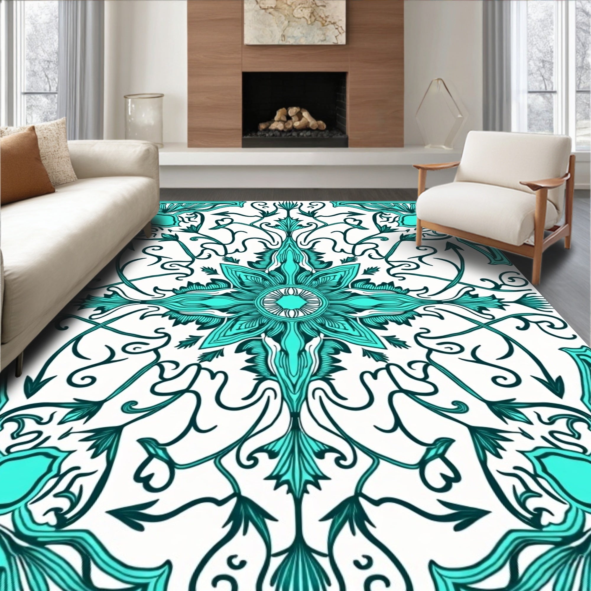 Intricate Teal Floral Scroll Design Rug