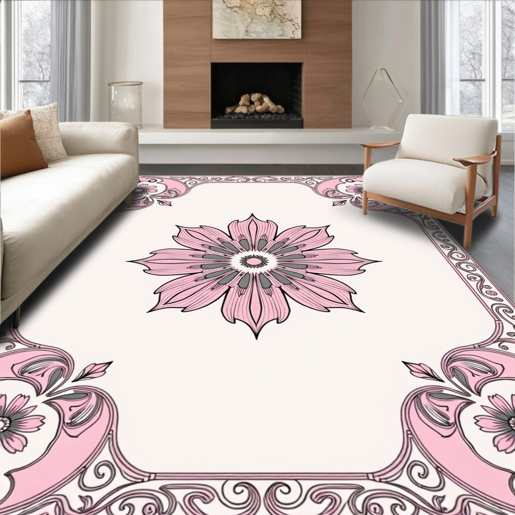Pink Floral Scrollwork Decorative Rug
