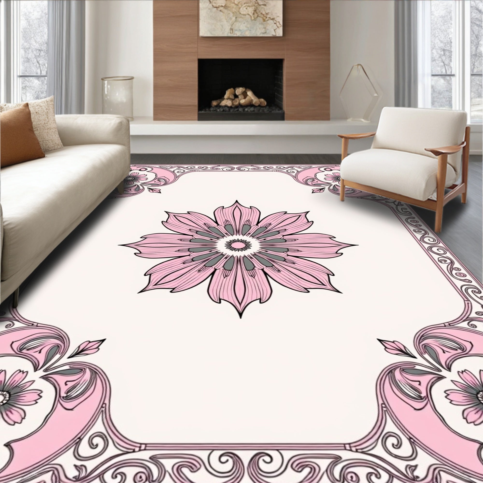 Pink Floral Scrollwork Decorative Rug