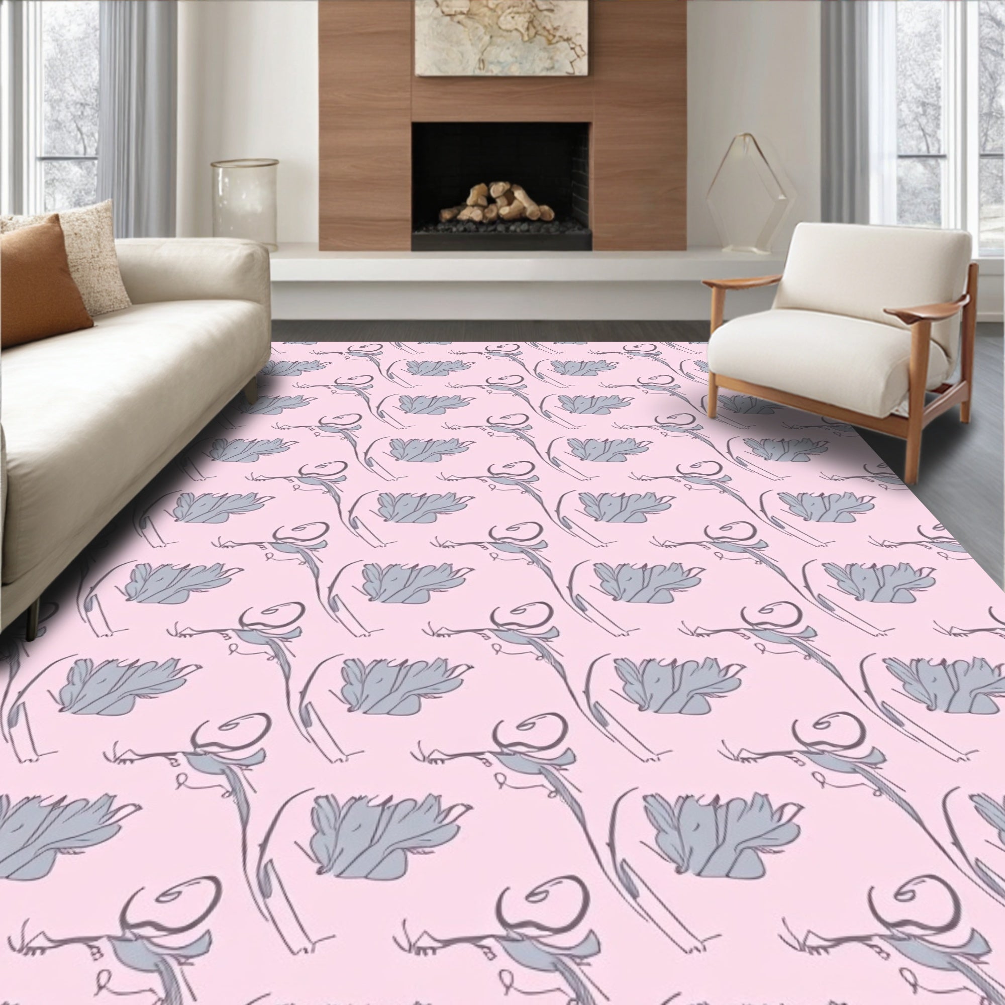 Graceful Pink Floral Outline Rug