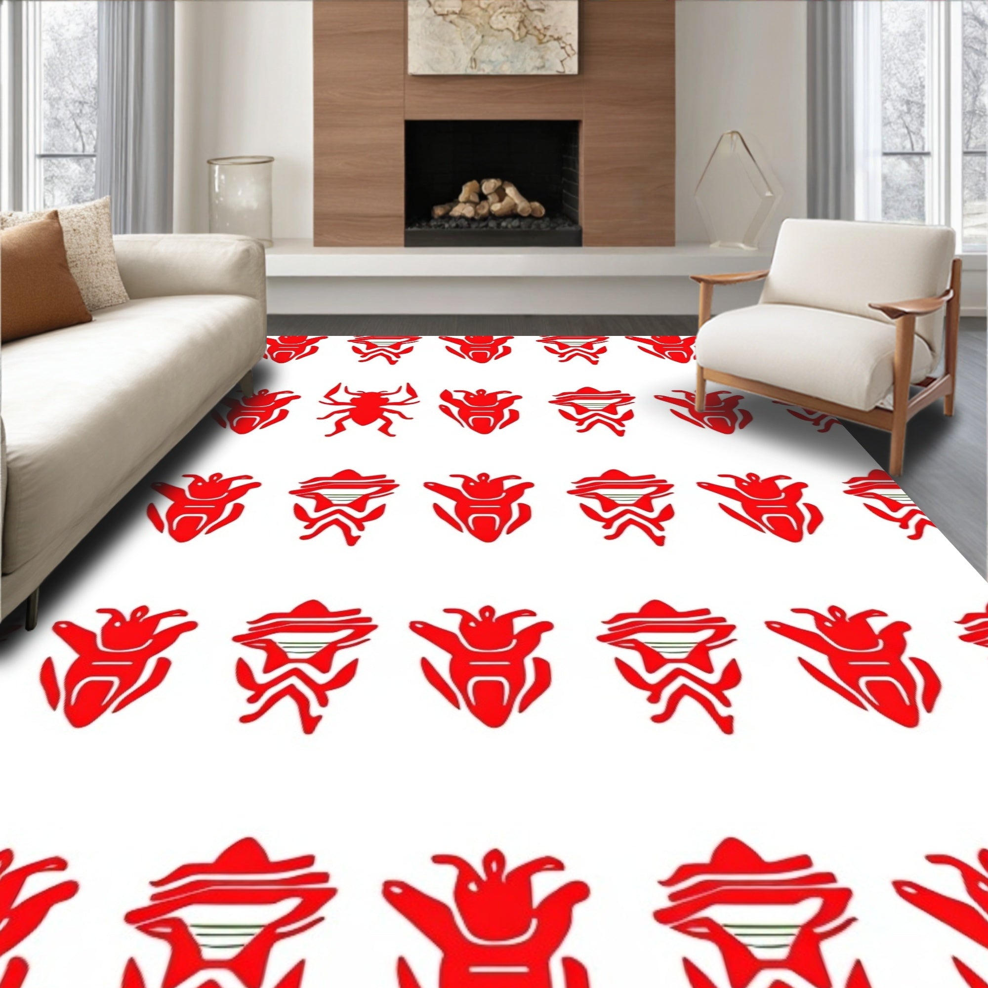 Bold Red Creature Pattern Design Rug