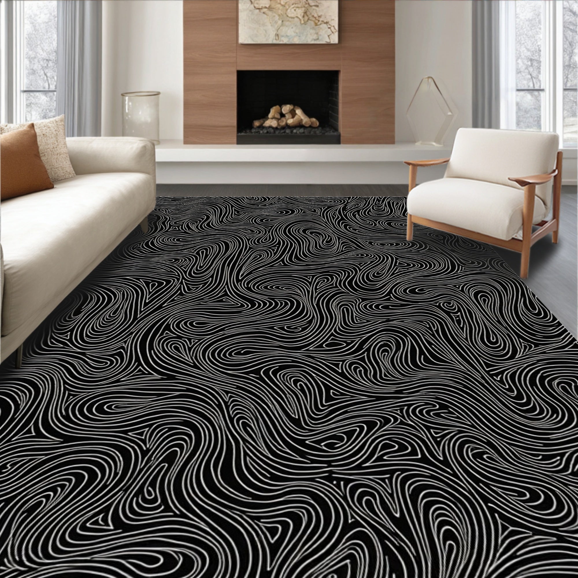 Black And White Swirl Pattern Rug