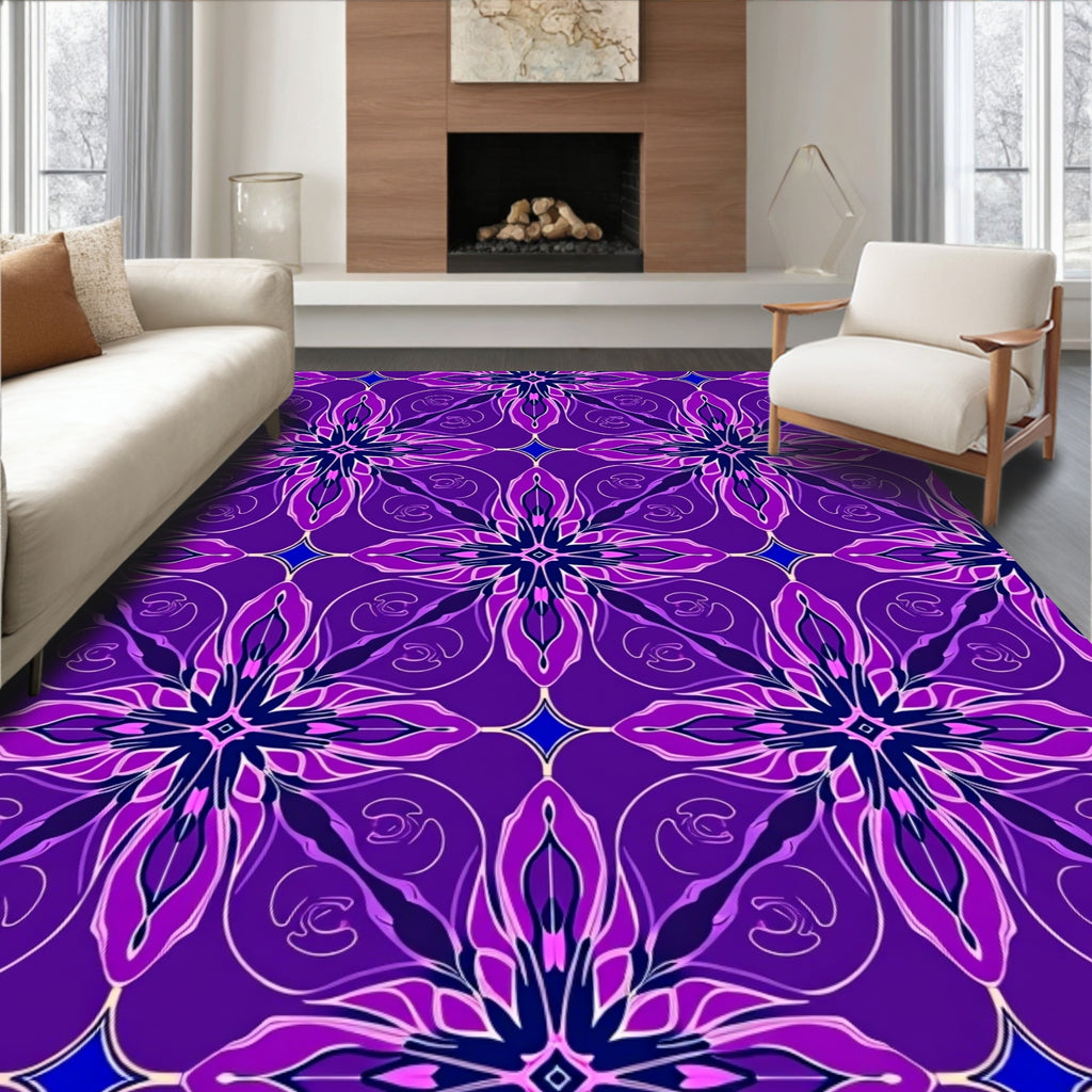 Ornate Purple Floral Geometric Pattern Rug