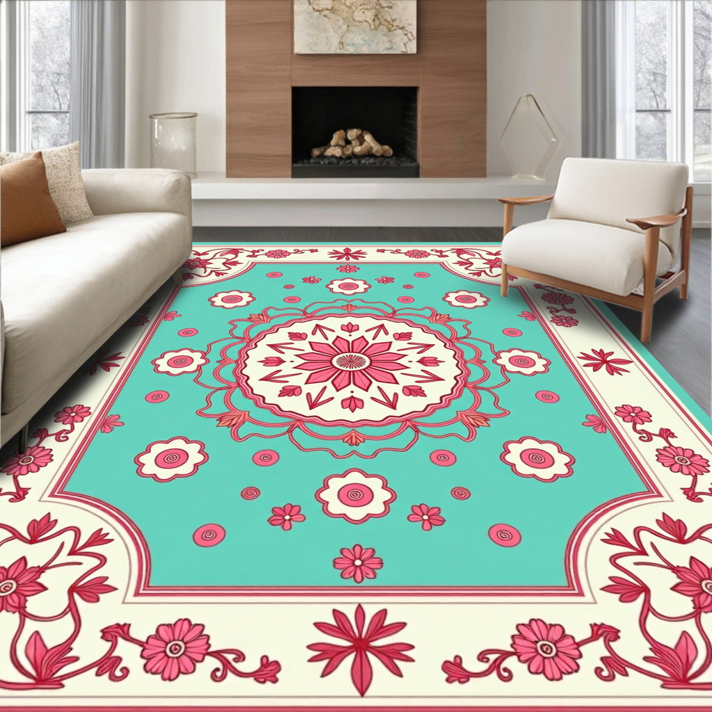 Vintage Floral Medallion Aqua Rug