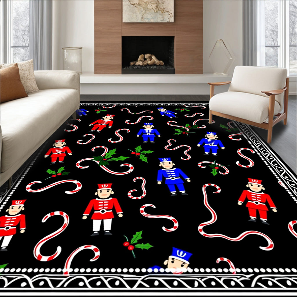 Festive Nutcracker Candy Cane Holly Border Rug