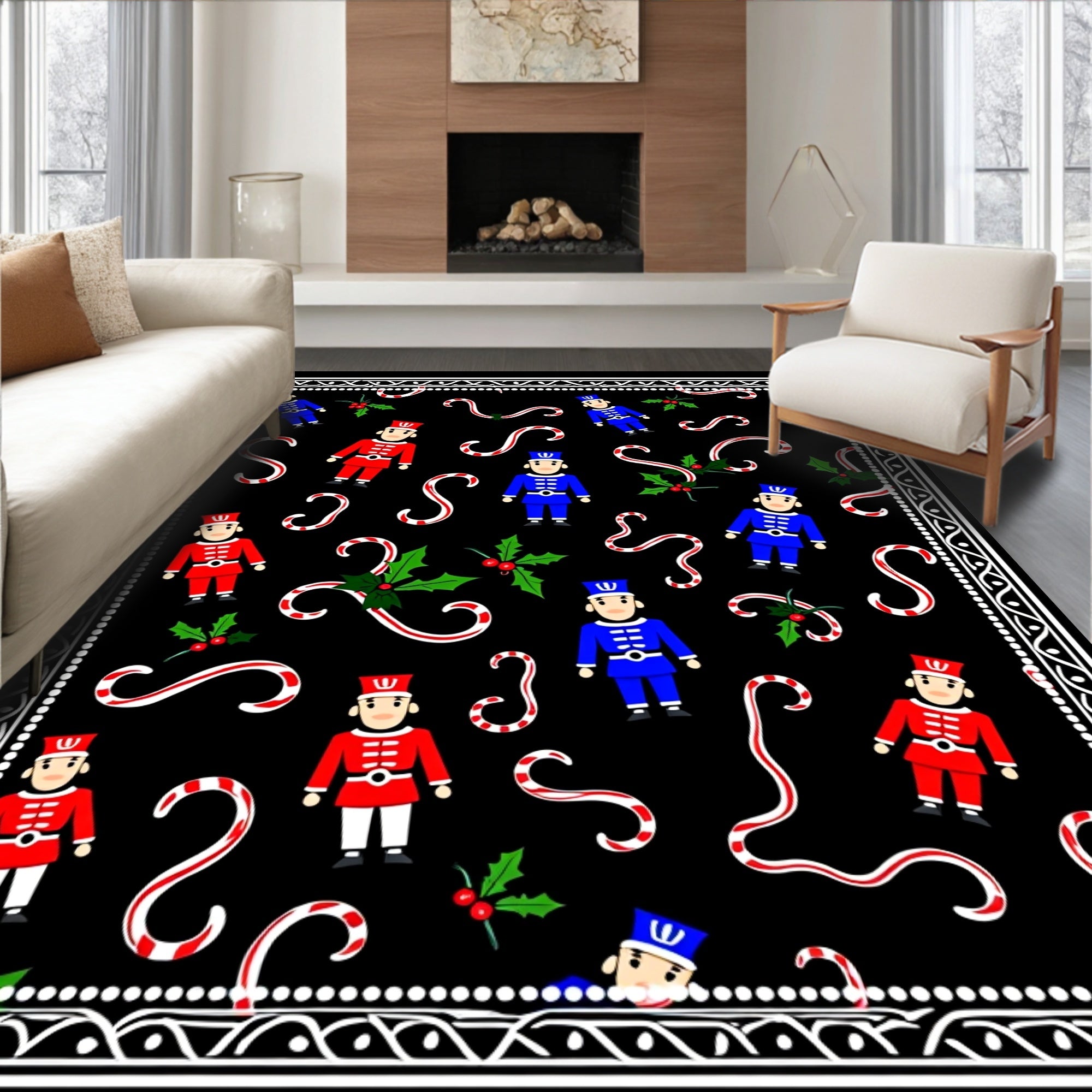 Festive Nutcracker Candy Cane Holly Border Rug