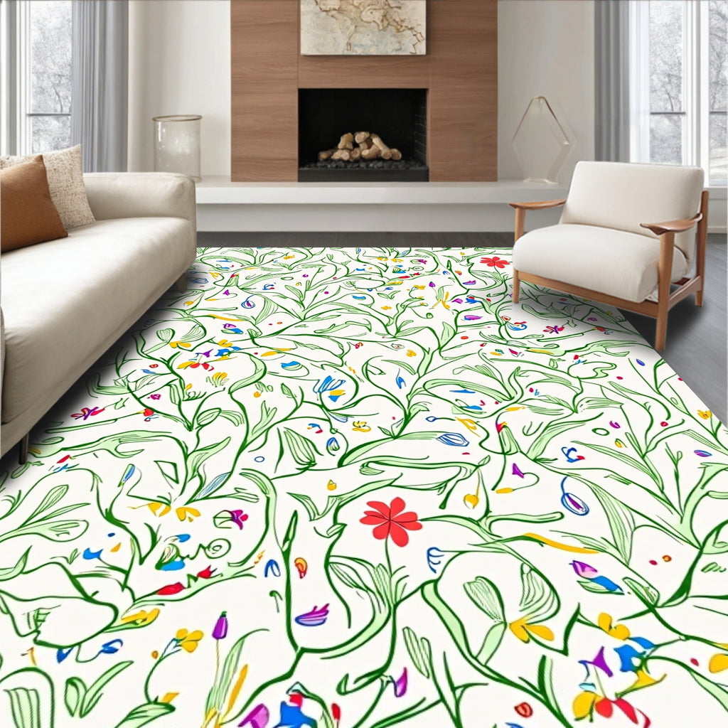 Whimsical Green Vines Floral Pattern Rug