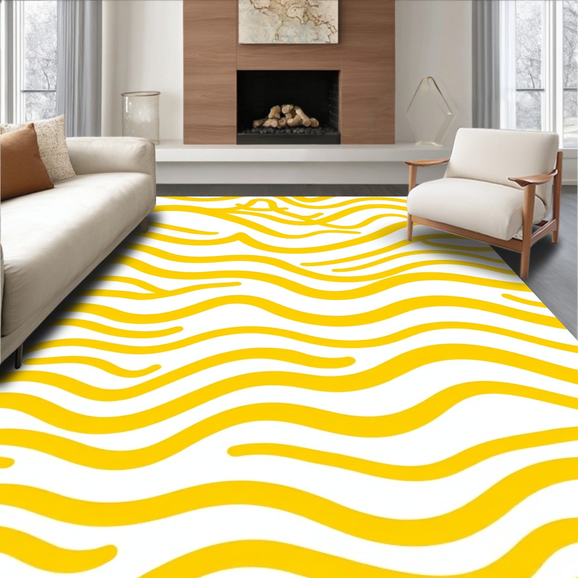 Abstract Yellow Wavy Stripes Design Rug