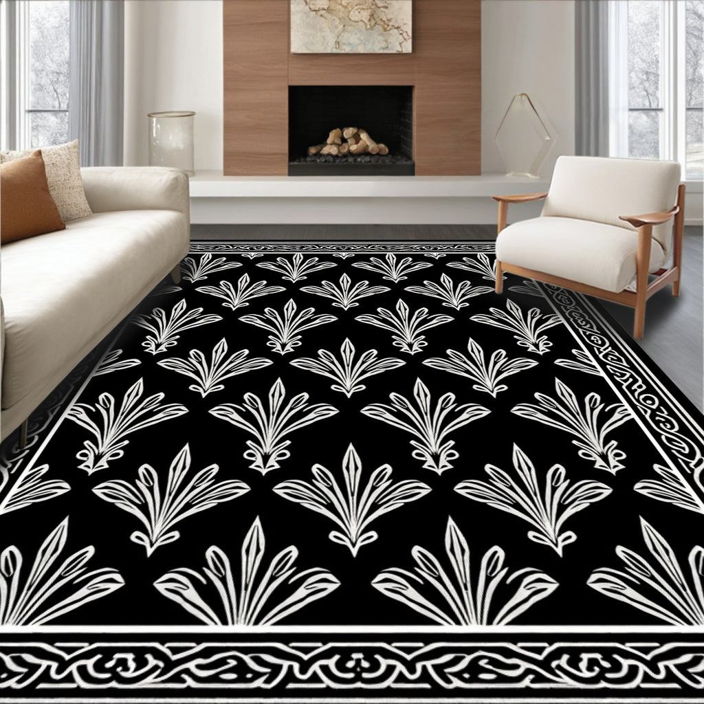 Classic Black White Floral Pattern Rug