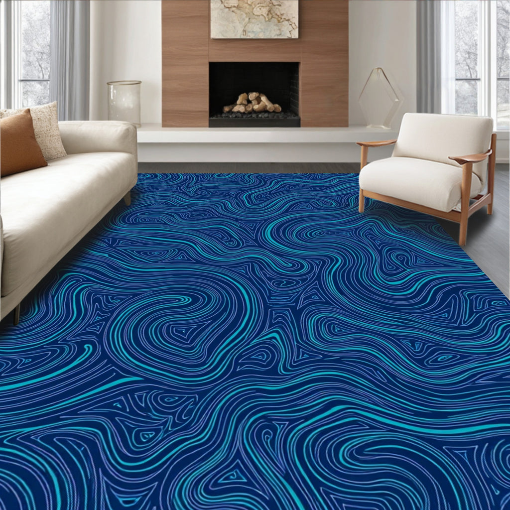 Deep Blue Swirling Wave Pattern Rug