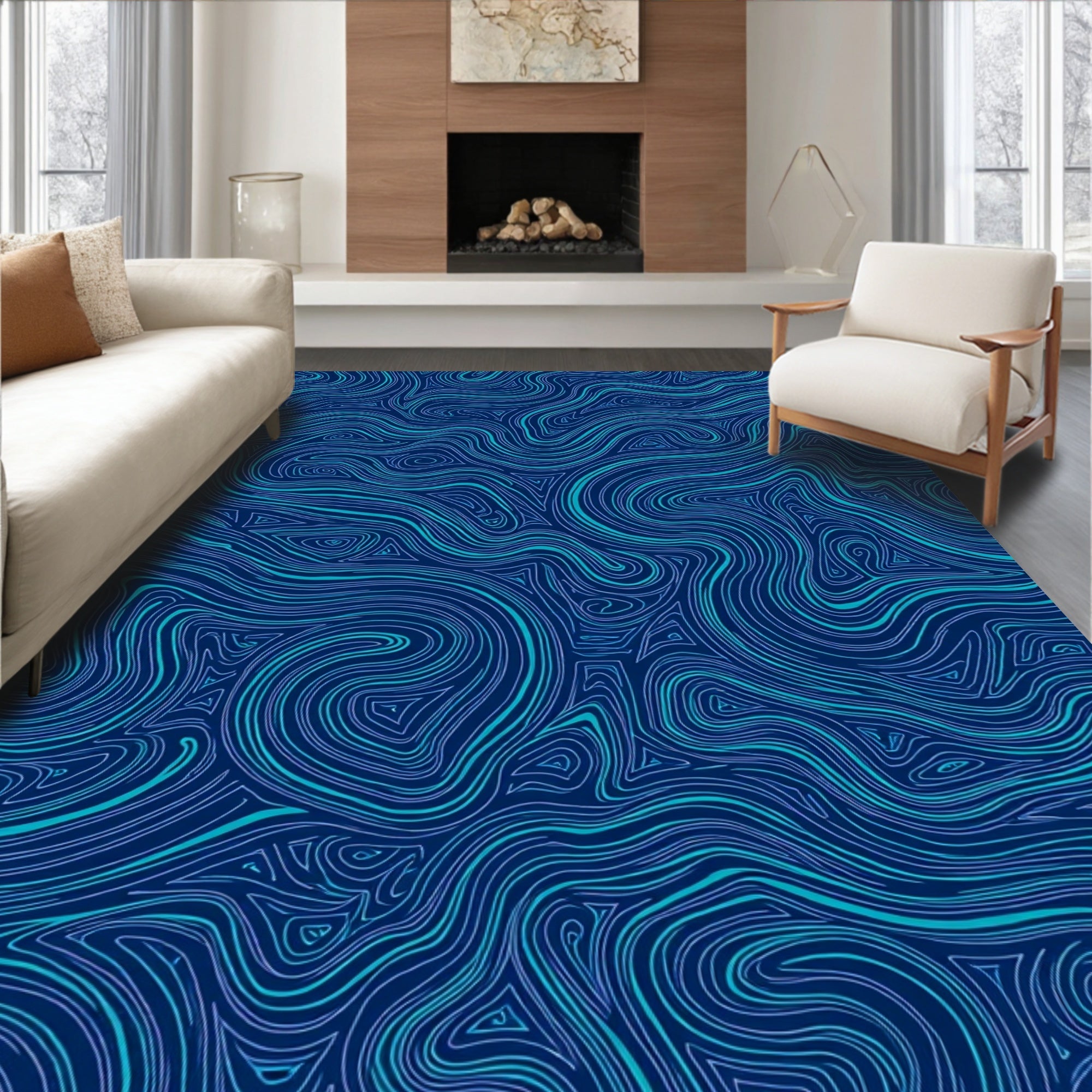 Deep Blue Swirling Wave Pattern Rug
