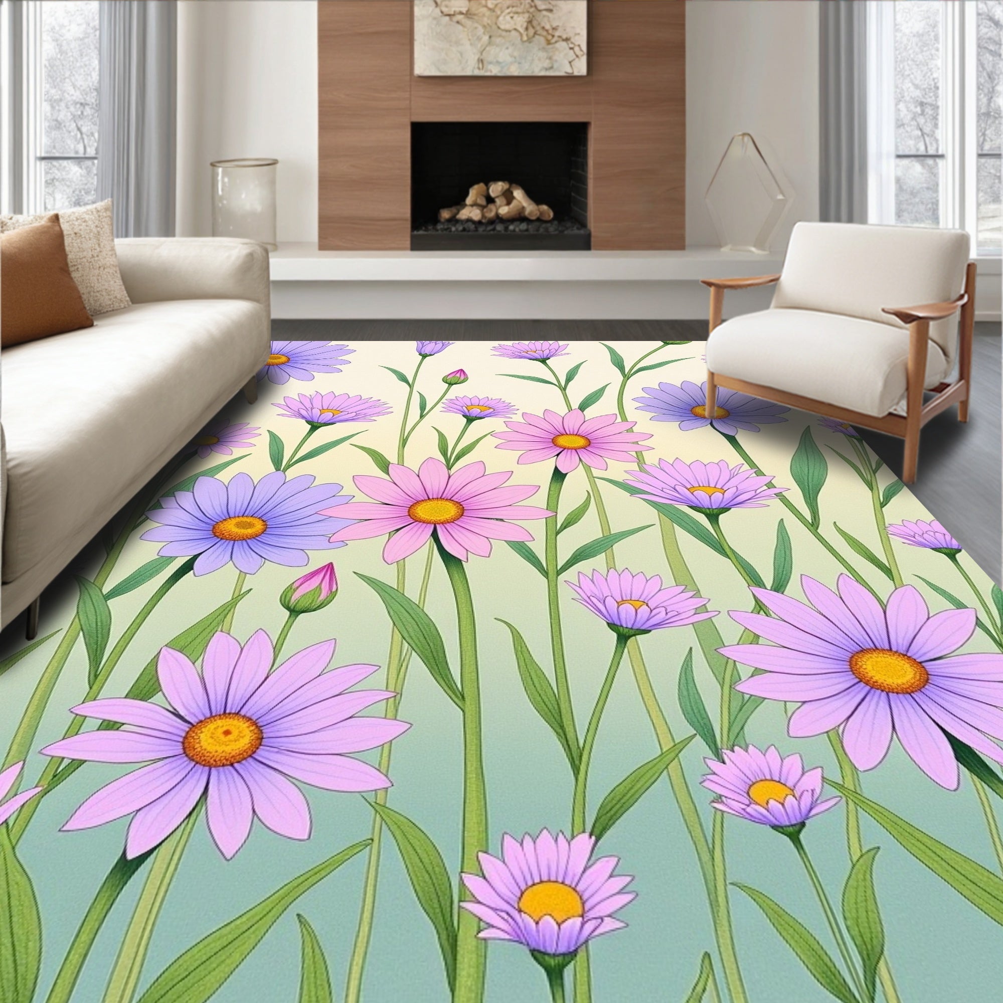 Delicate Floral Meadow Pattern Rug