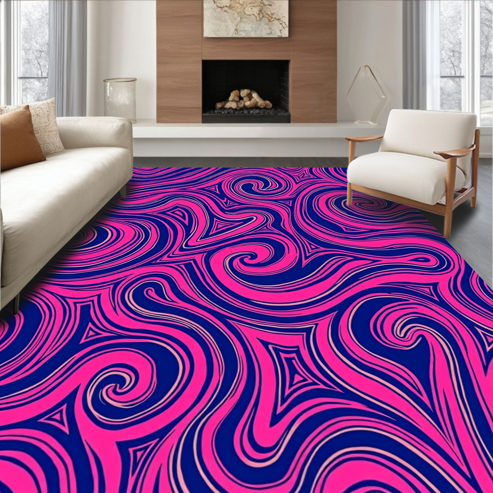 Hot Pink Swirling Lines Navy Rug