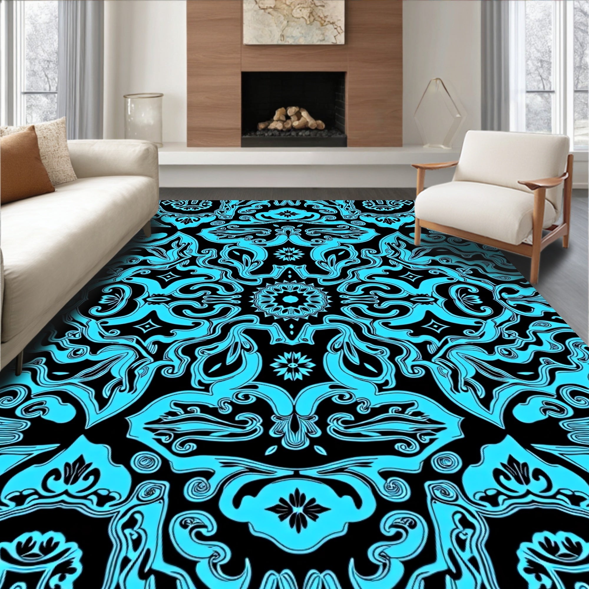 Cyan Ornate Floral Mandala Pattern Rug