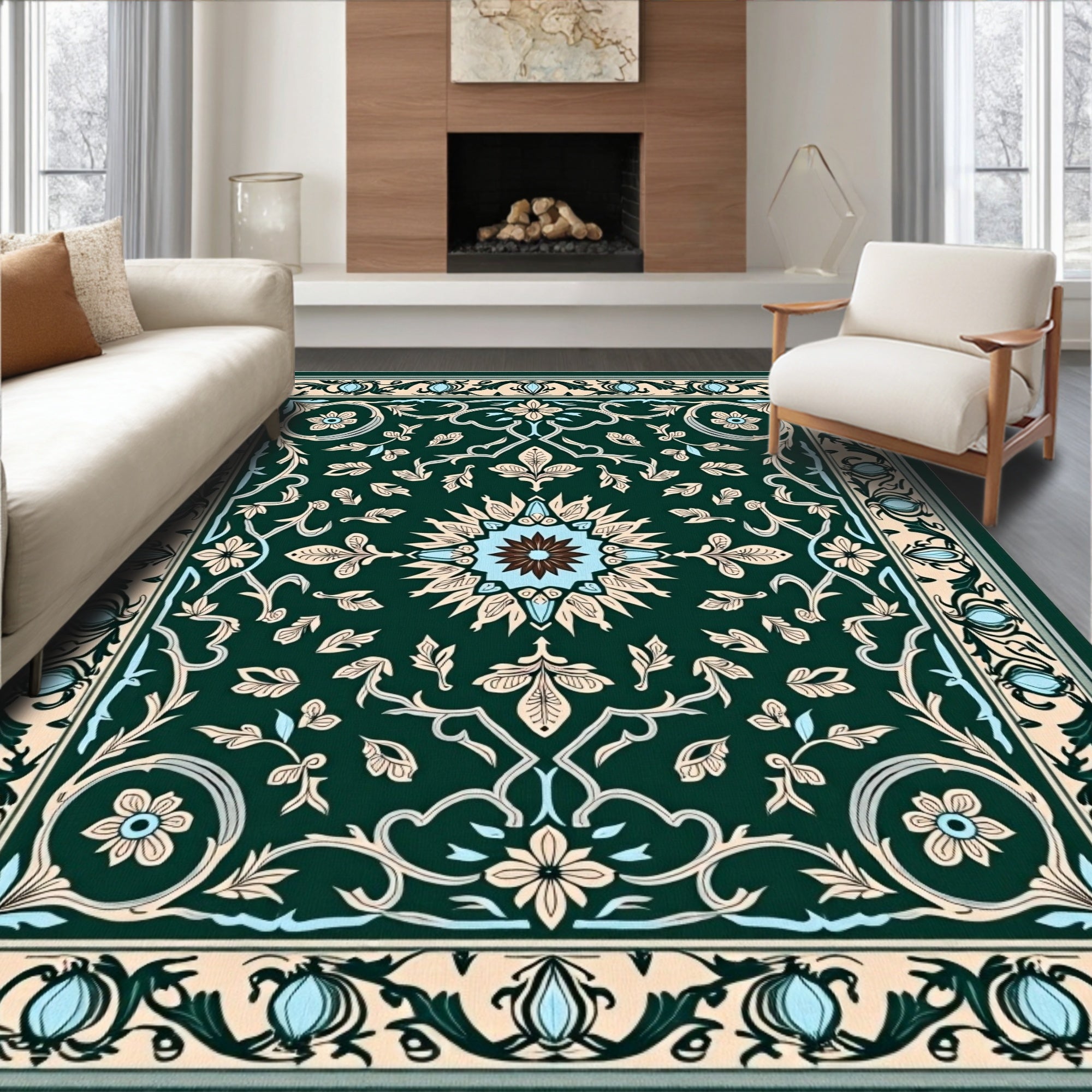 Elegant Green Floral Lace Pattern Rug