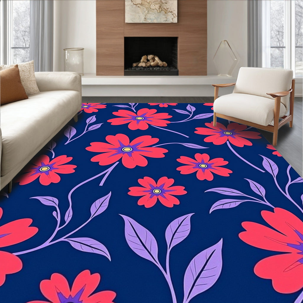 Vibrant Red Flower Navy Floral Rug