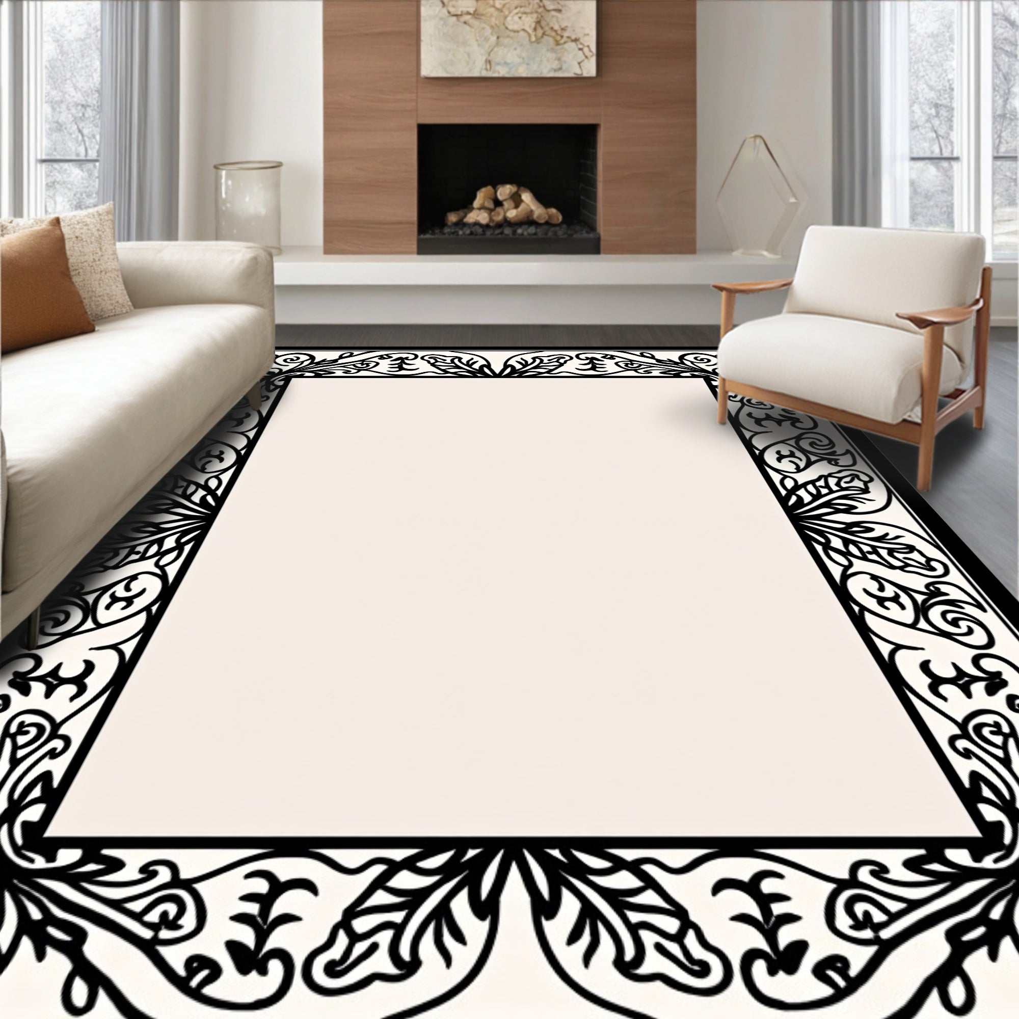 Ornate Floral Black Border Design Rug