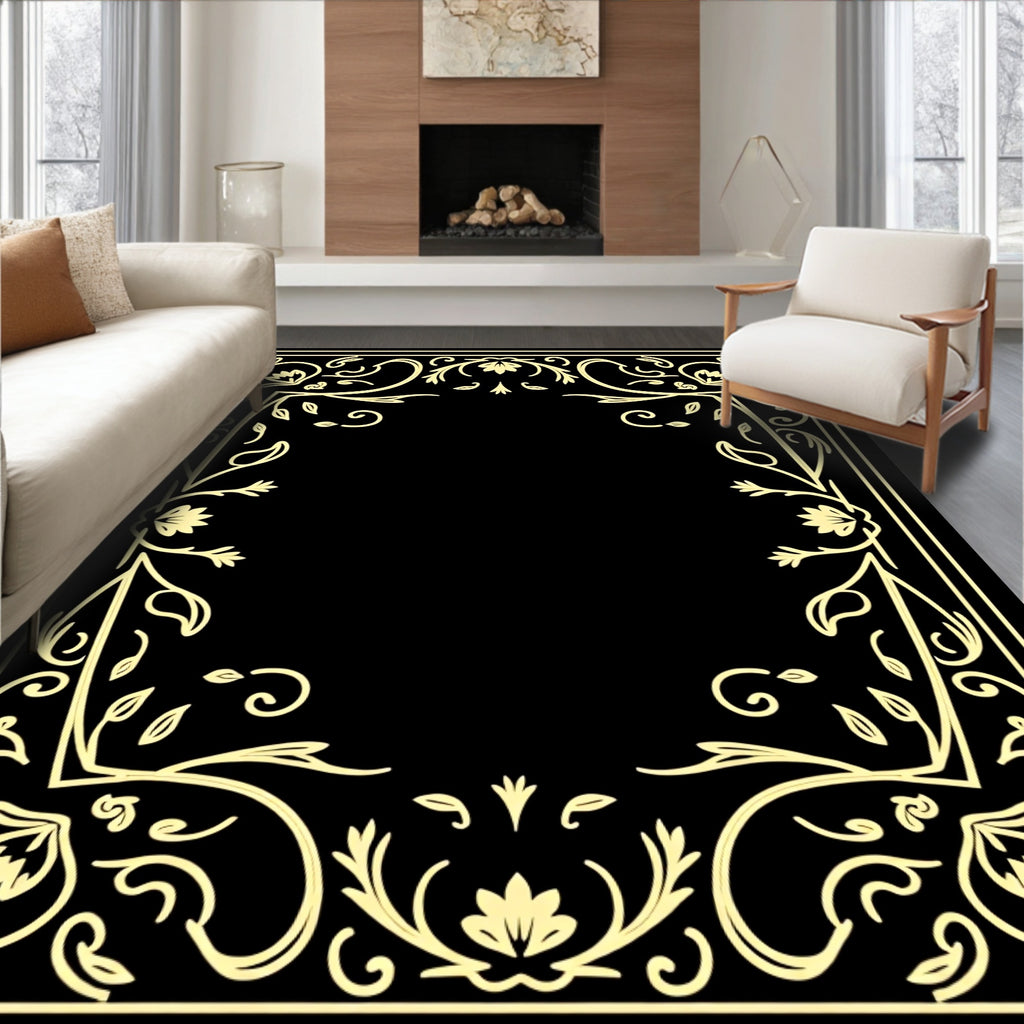 Elegant Floral Scrollwork Golden Border Rug