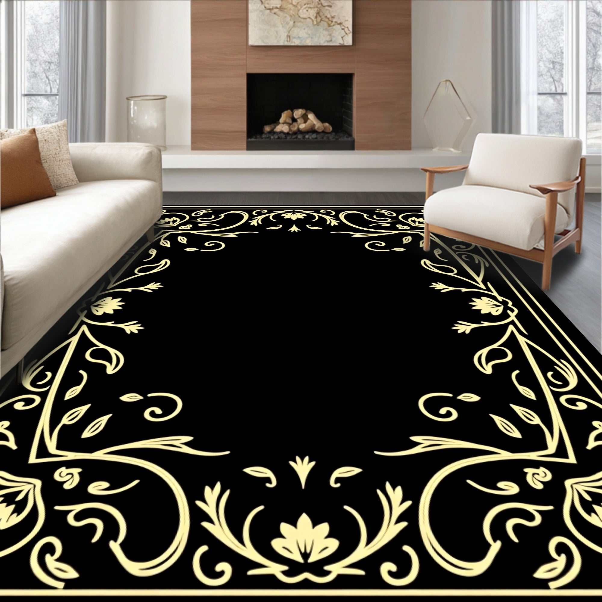 Elegant Floral Scrollwork Golden Border Rug