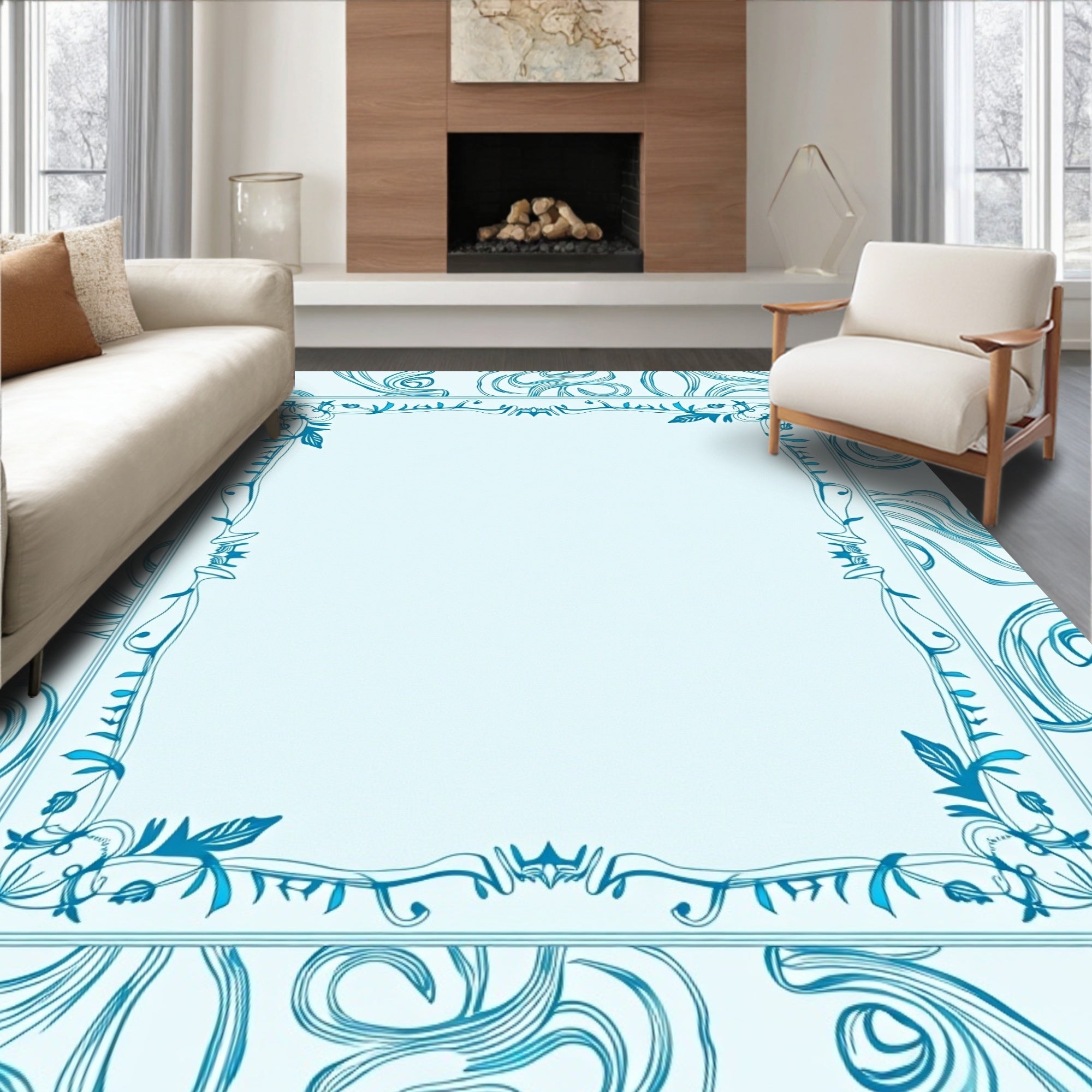 Art Nouveau Teal Swirl Botanical Design Rug