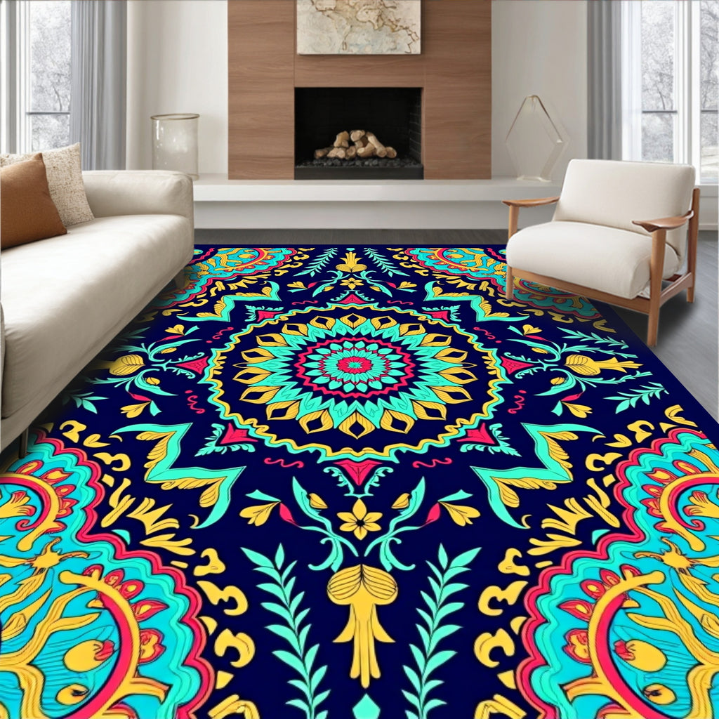 Vibrant Teal Coral Sunburst Medallion Rug
