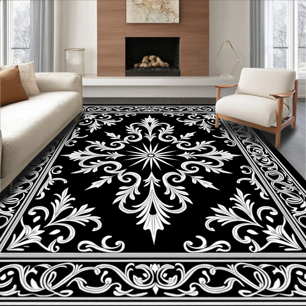 Classic Black White Floral Scroll Rug