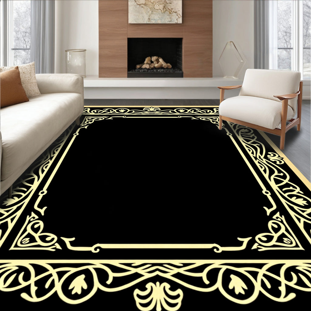 Elegant Gold Black Intertwined Floral Pattern Rug