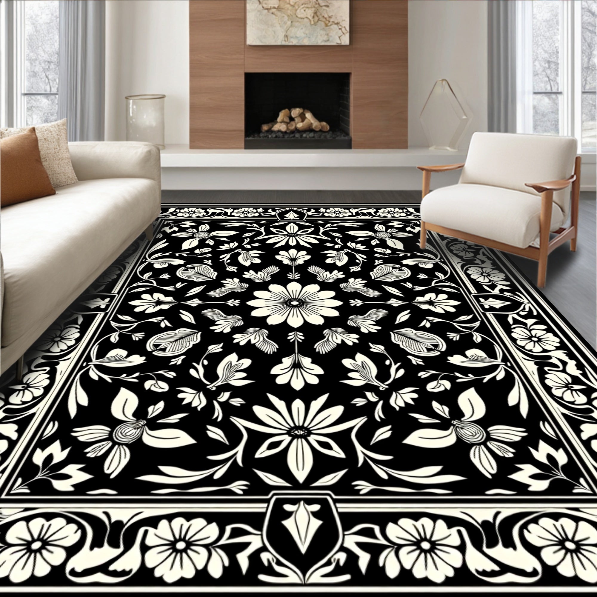 Classic Black White Floral Scroll Rug