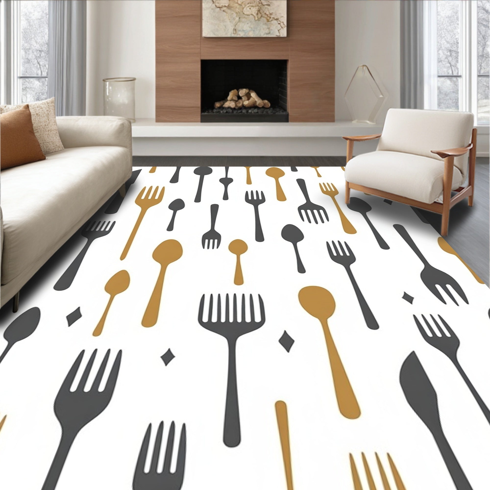 Gold Charcoal Flatware Scattered Whimsical Rug