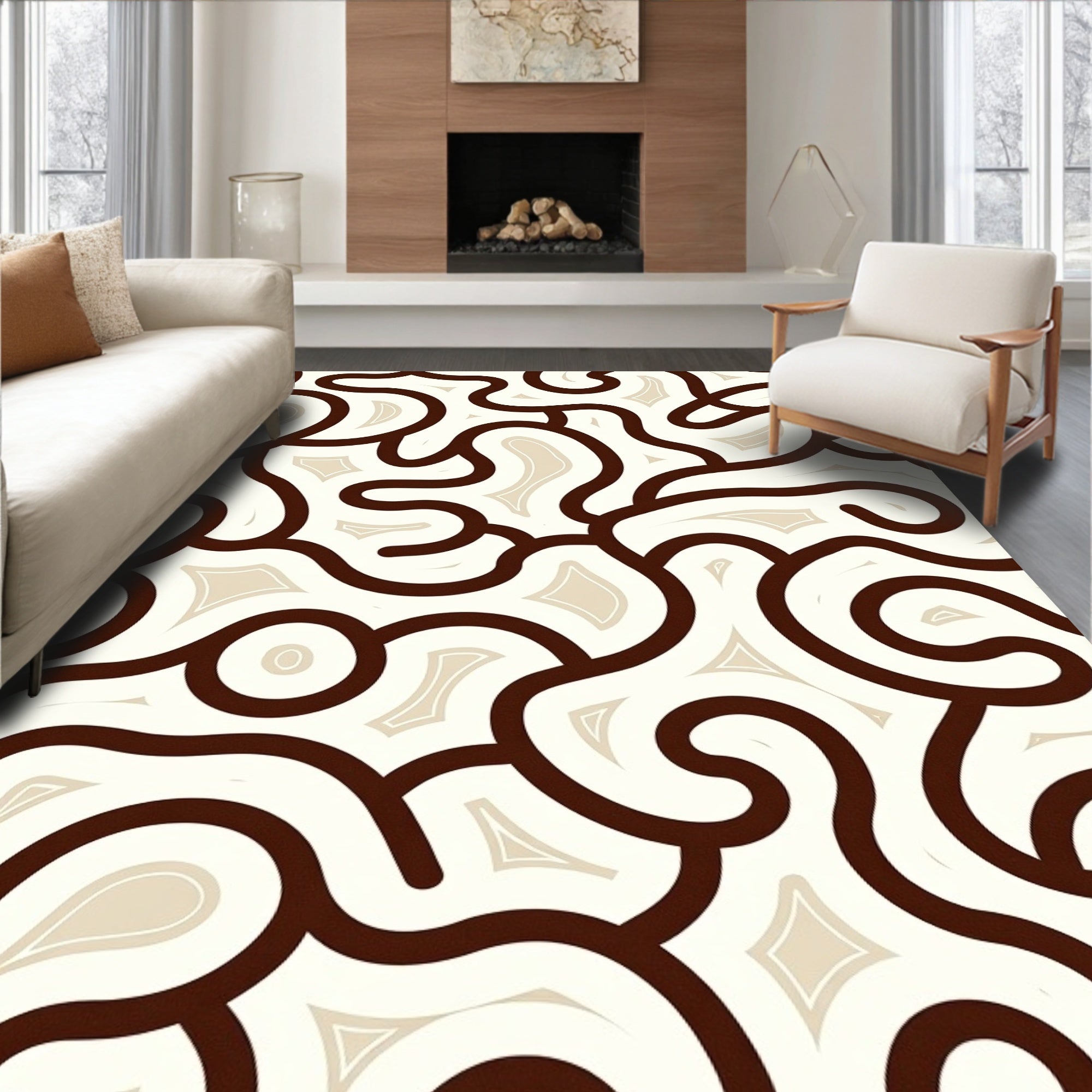 Brown White Swirling Organic Pattern Rug
