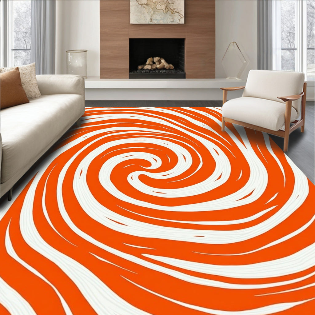 Orange White Swirl Patterned Rug