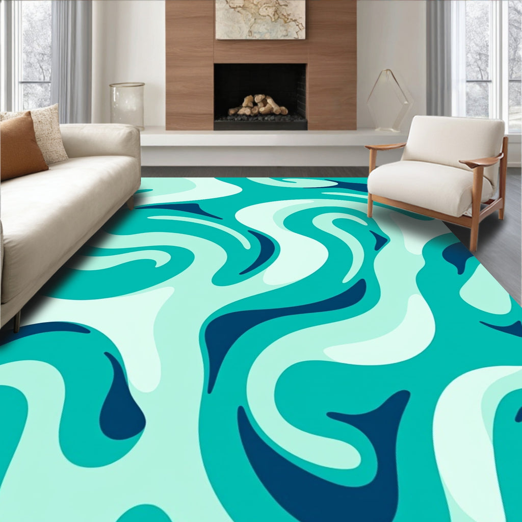 Teal Fluid Swirl Wave Rug