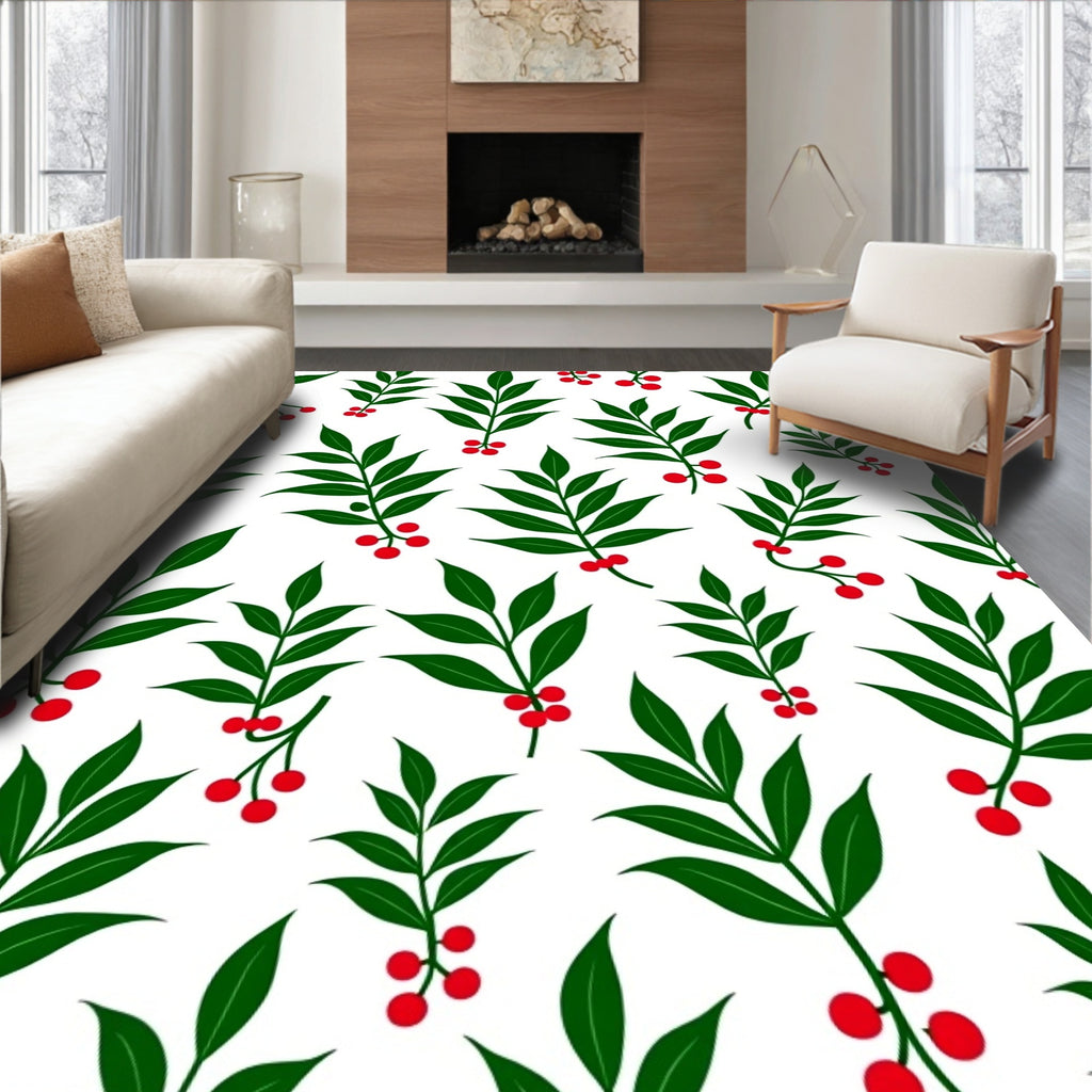 Green Leaf Red Berry Branch Rug