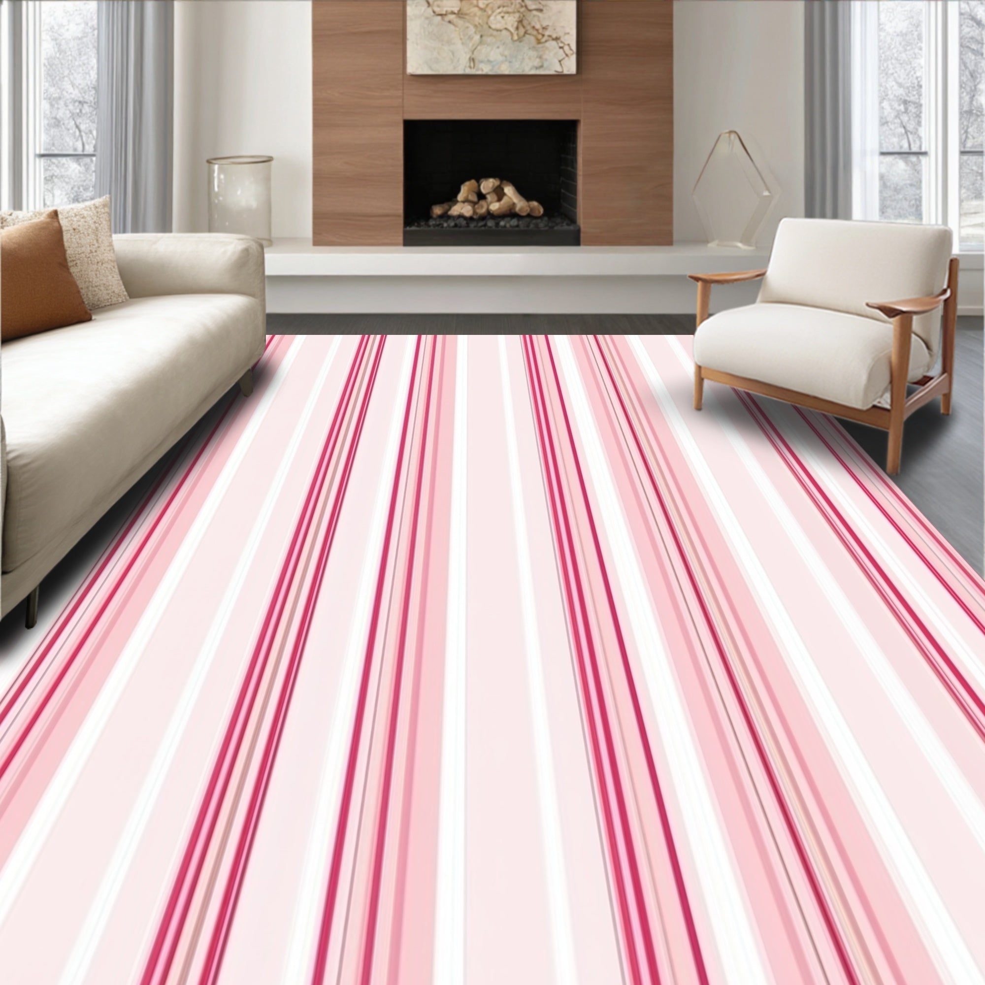 Pink White Striped Pattern Rug