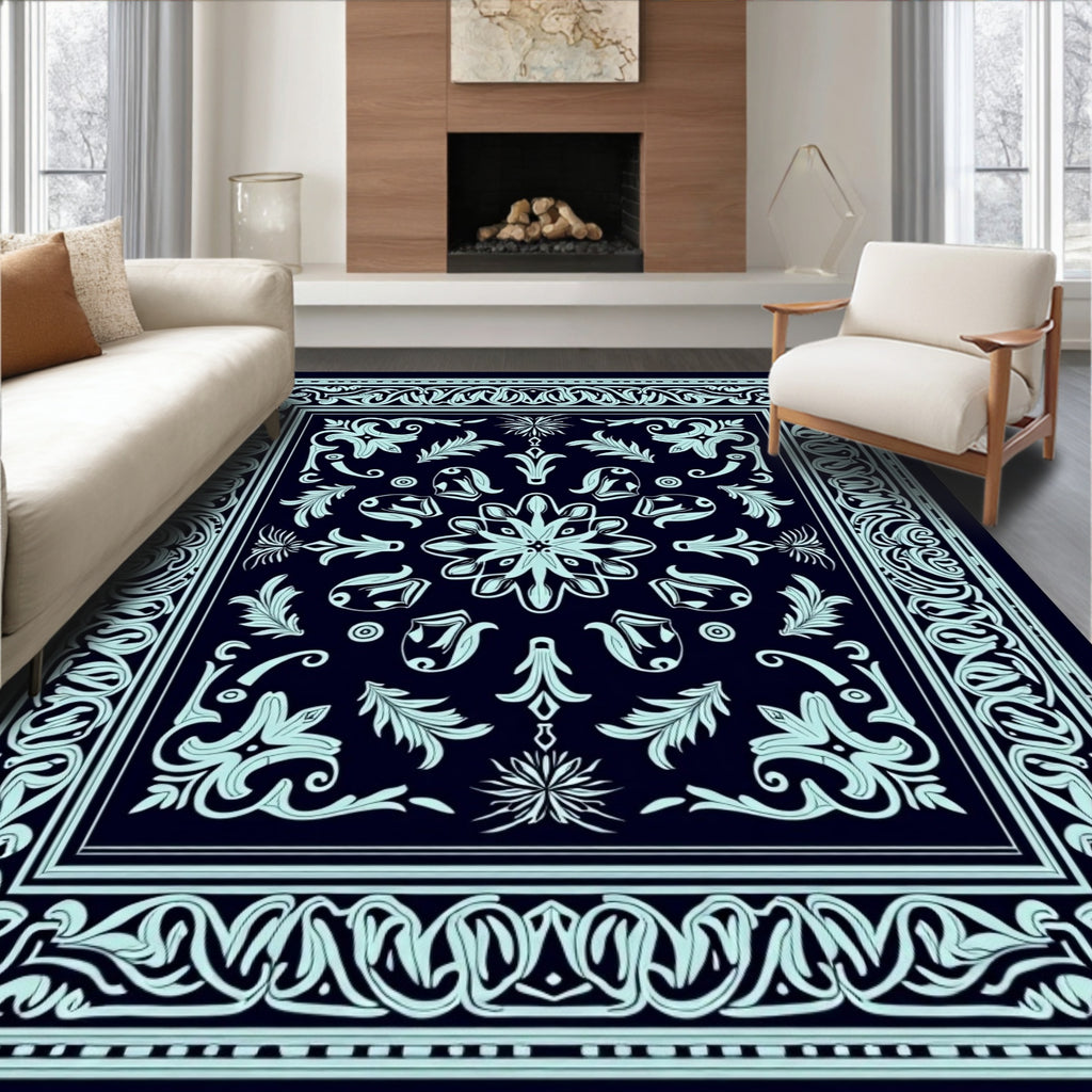 Elegant Teal Filigree Square Design Rug