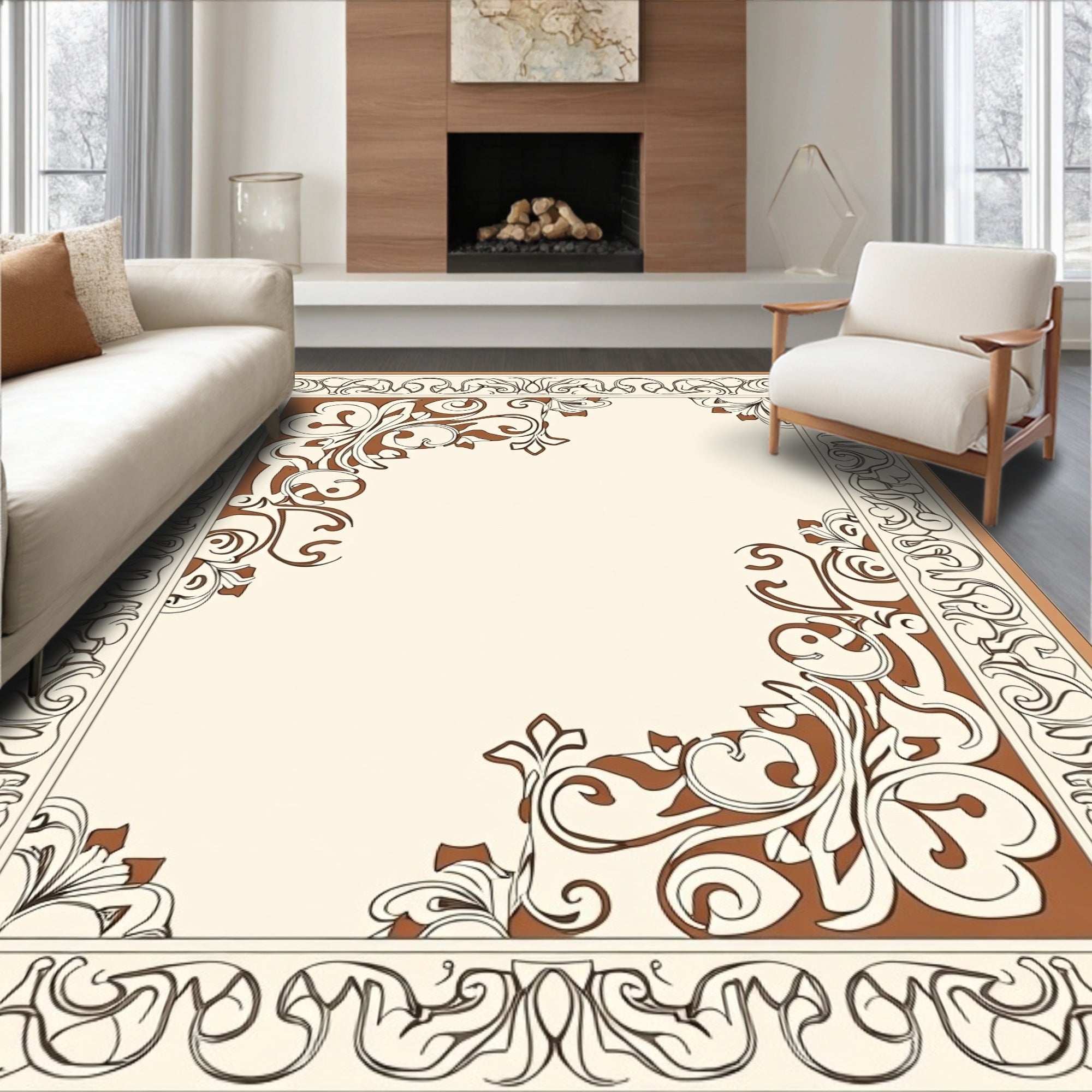 Elegant Scrollwork Floral Border Design Rug