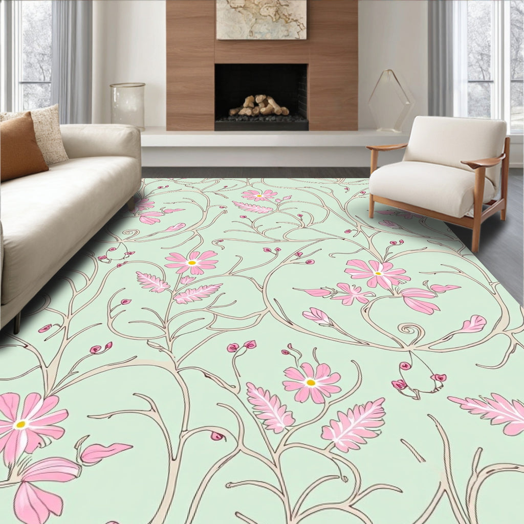 Whimsical Pink Flower Vine Pattern Rug