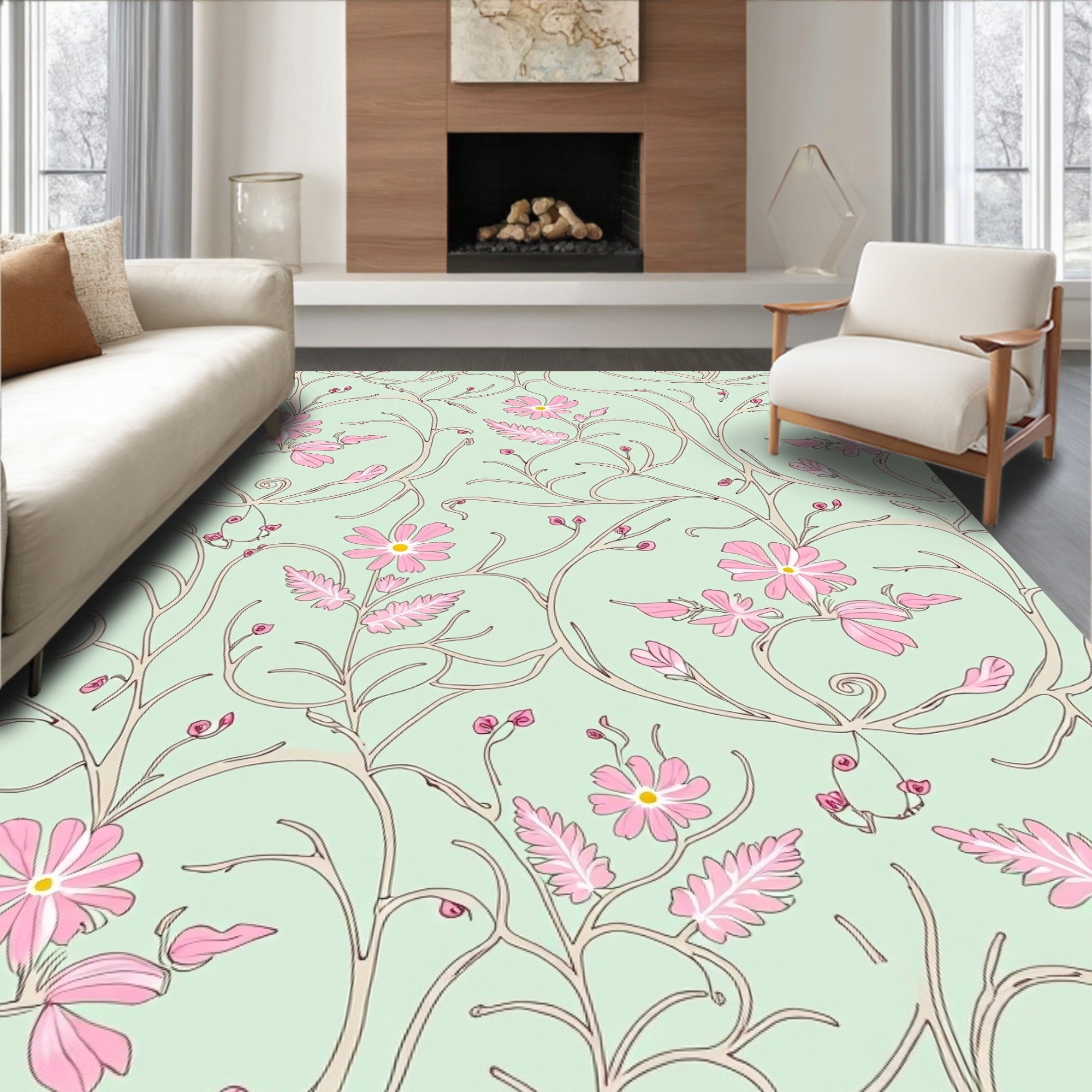 Whimsical Pink Flower Vine Pattern Rug