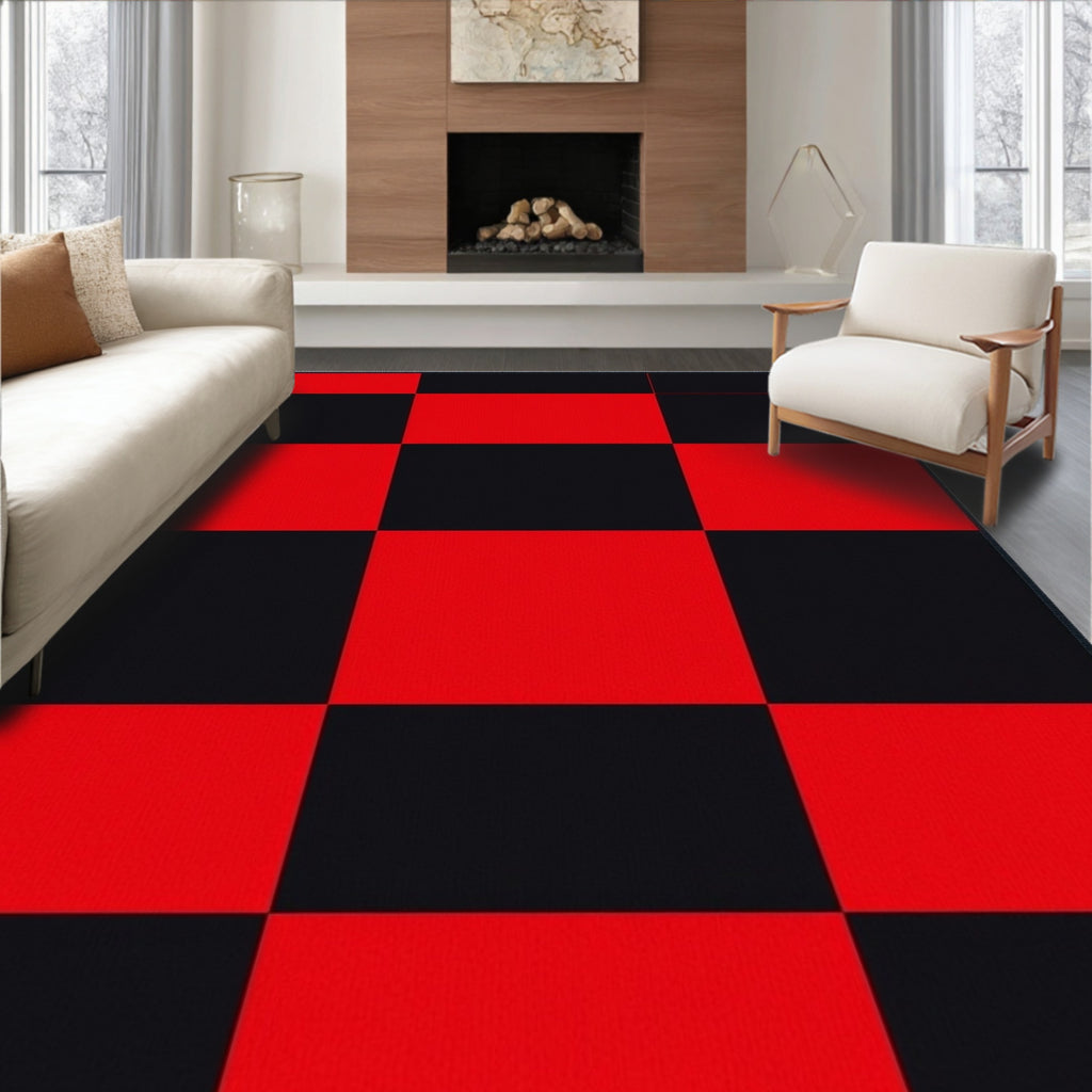 Bold Red Black Checkerboard Pattern Rug