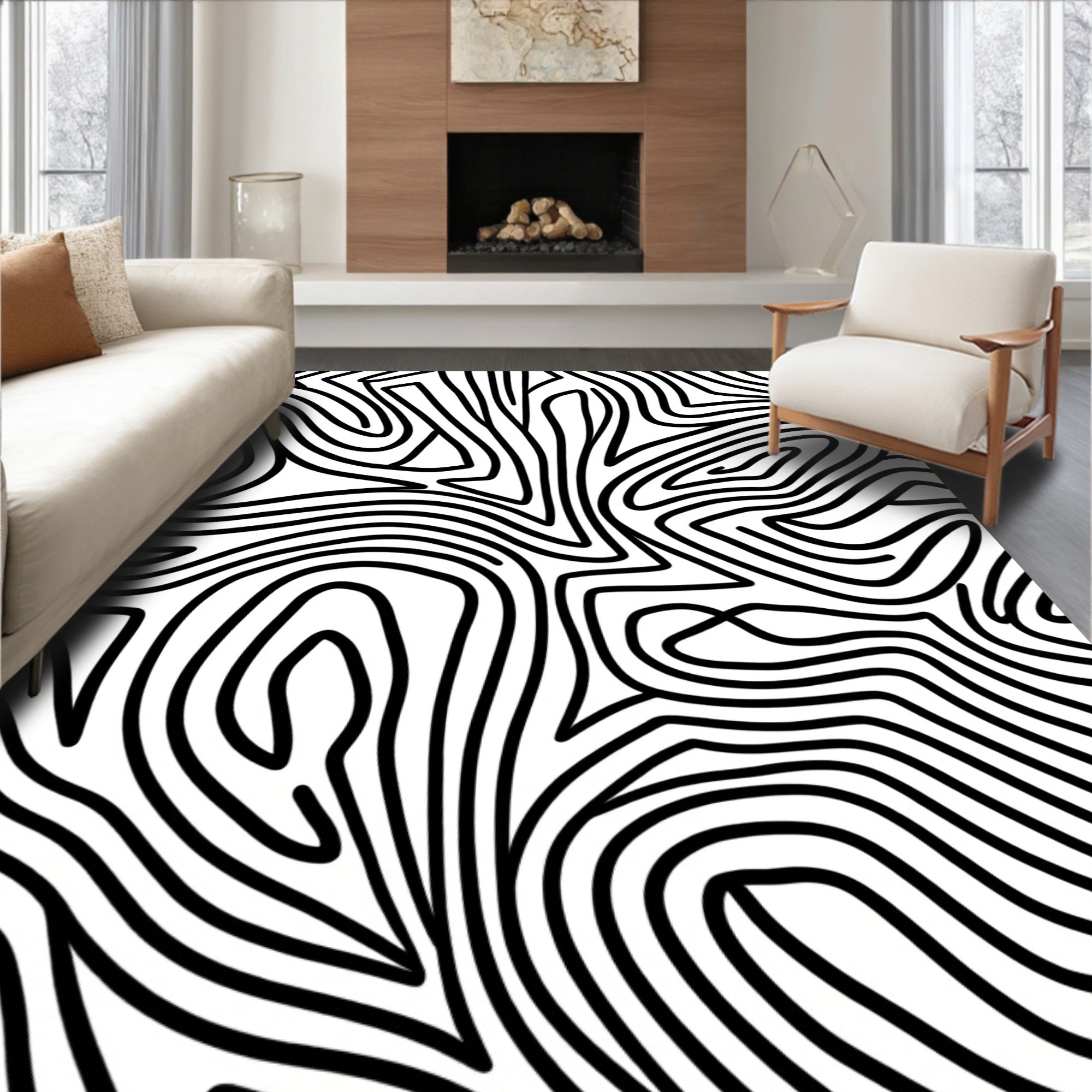 Abstract Black White Wavy Lines Rug