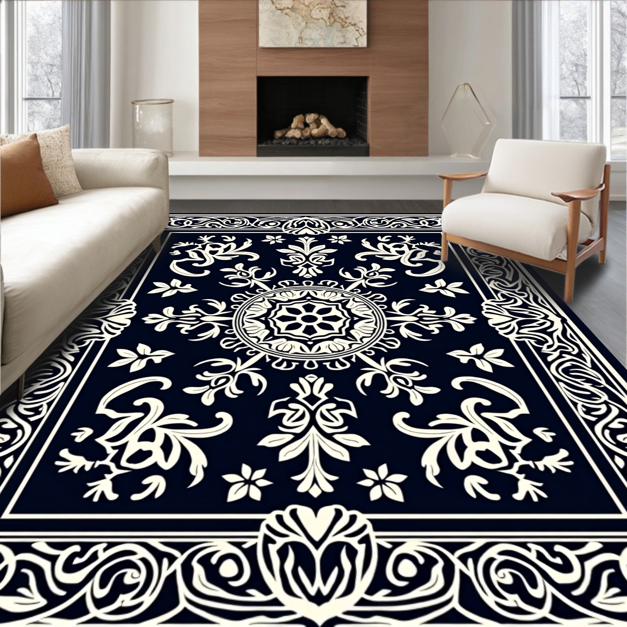 Intricate Floral Mandala Bordered Design Rug