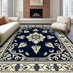 Ornate Floral Medallion Cream Navy Rug