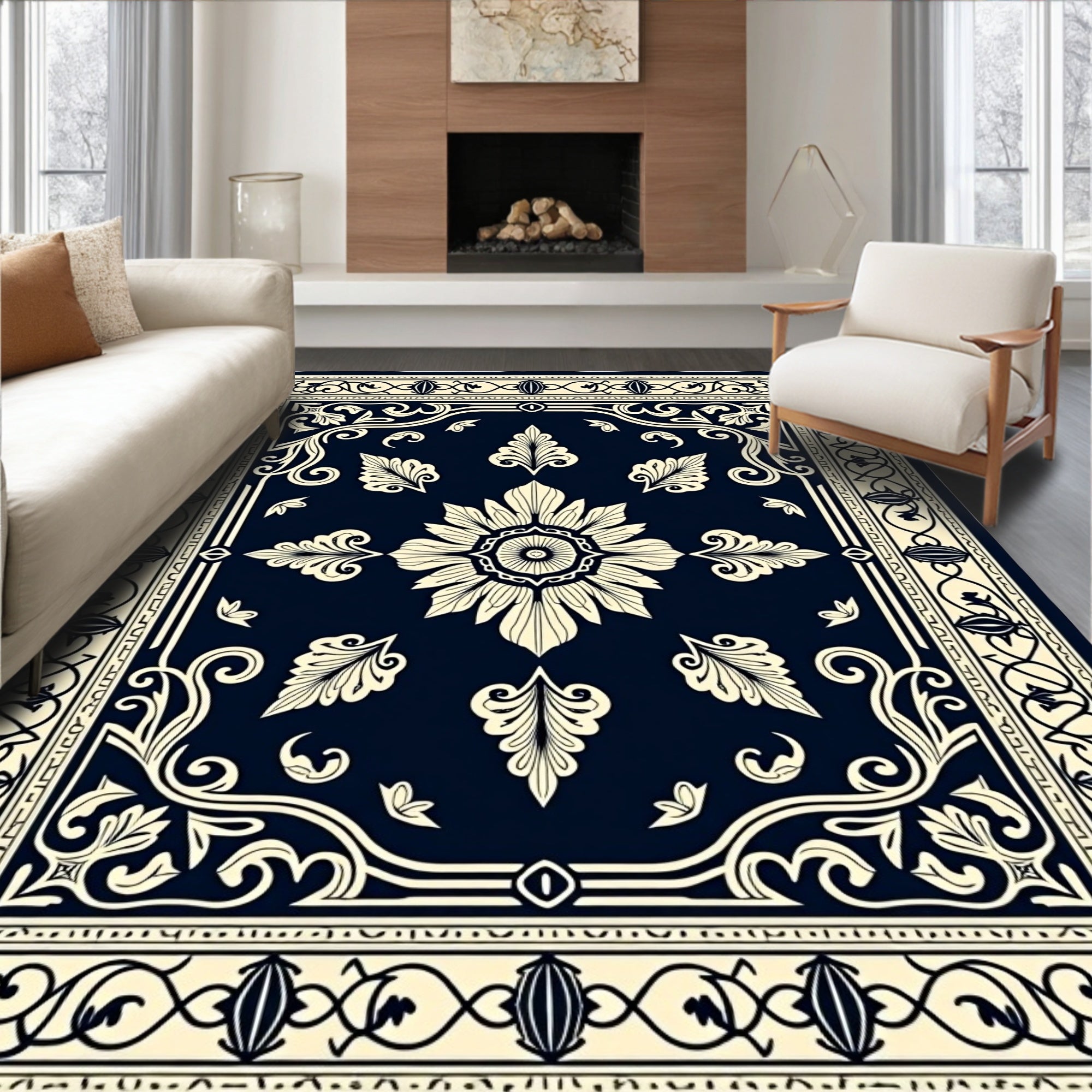 Ornate Floral Medallion Cream Navy Rug