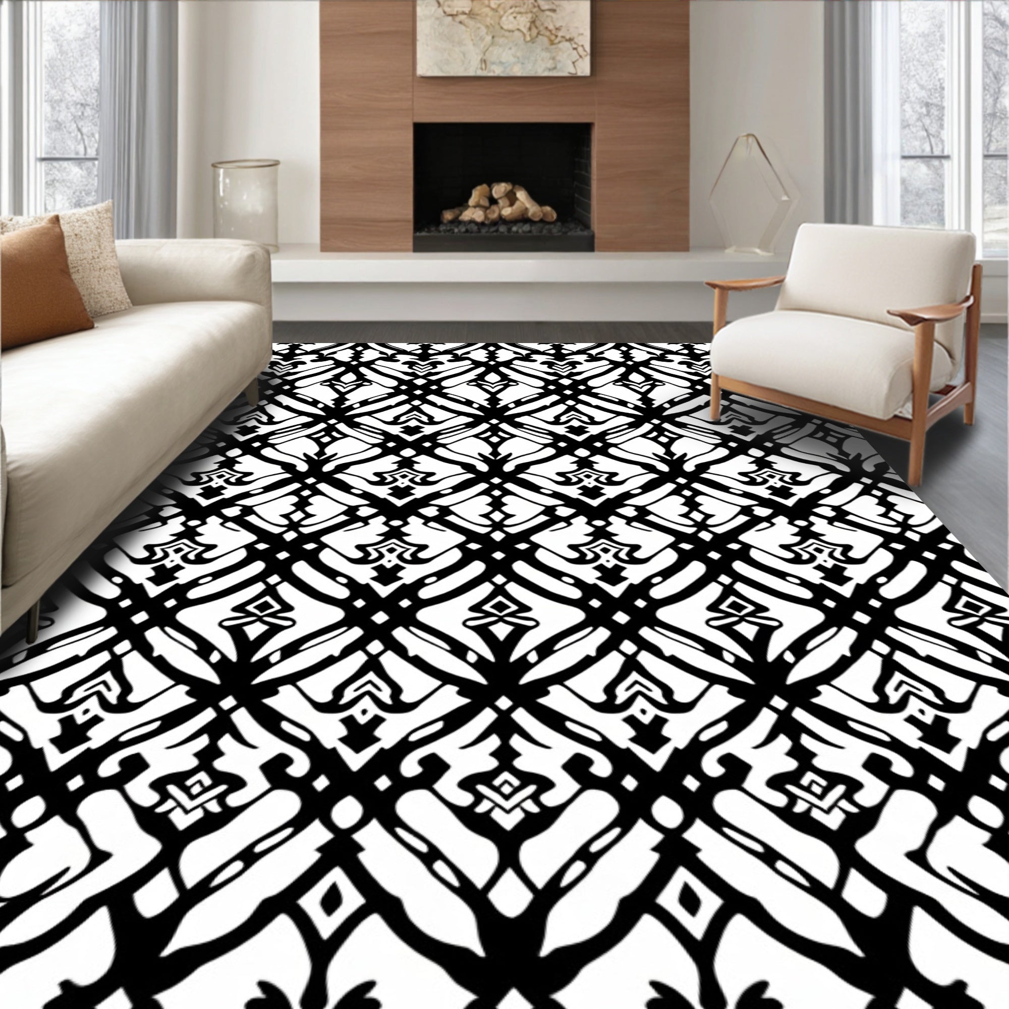 Black White Interlocking Pattern Rug